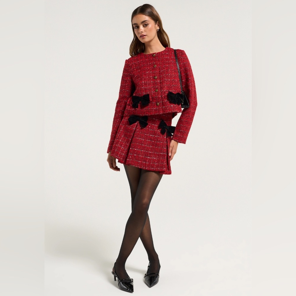 Moon River Red Plaid Crop Jacket & Mini Skirt Suit Set w/ Ribbon | Size S | NWT - Picture 2 of 8